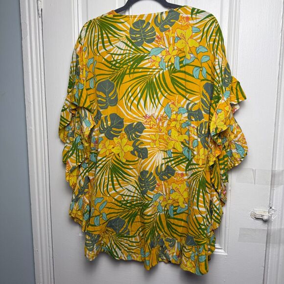 Vacation Coverup Womens Yellow Tropical Flutter Sleeve Beach Hibiscus Flowy - Picture 7 of 8